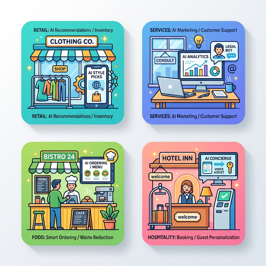 Illustrated icons representing different small business types with AI use cases