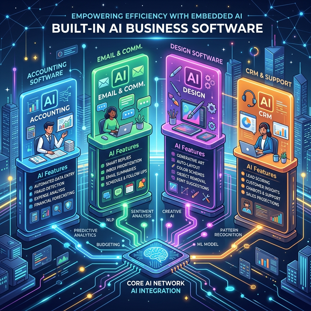 Concept illustration of popular business software tools showing built-in AI features