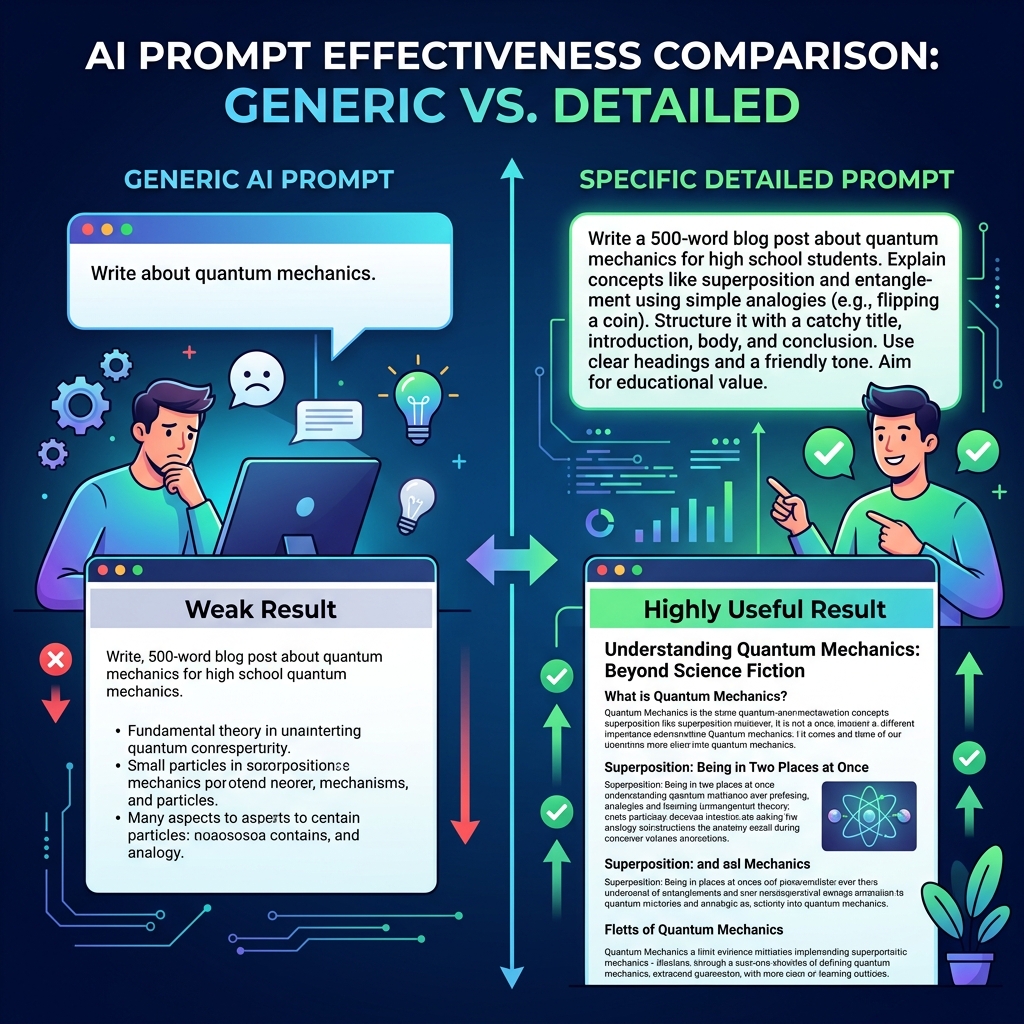 Split-screen comparison of a generic AI prompt versus a specific prompt